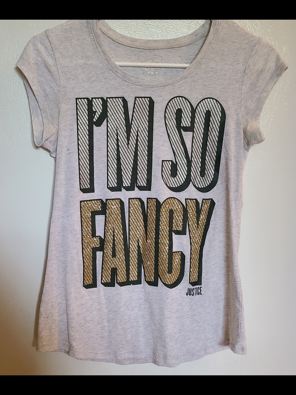 Justice Girls' Light Gray Tee with Black & Gold 'I'M SO FANCY' Graphic